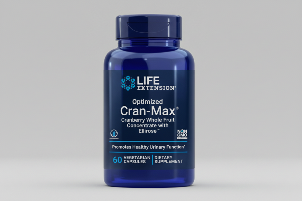 Life Extension Optimized Cran-Max supplement bottle on a white background