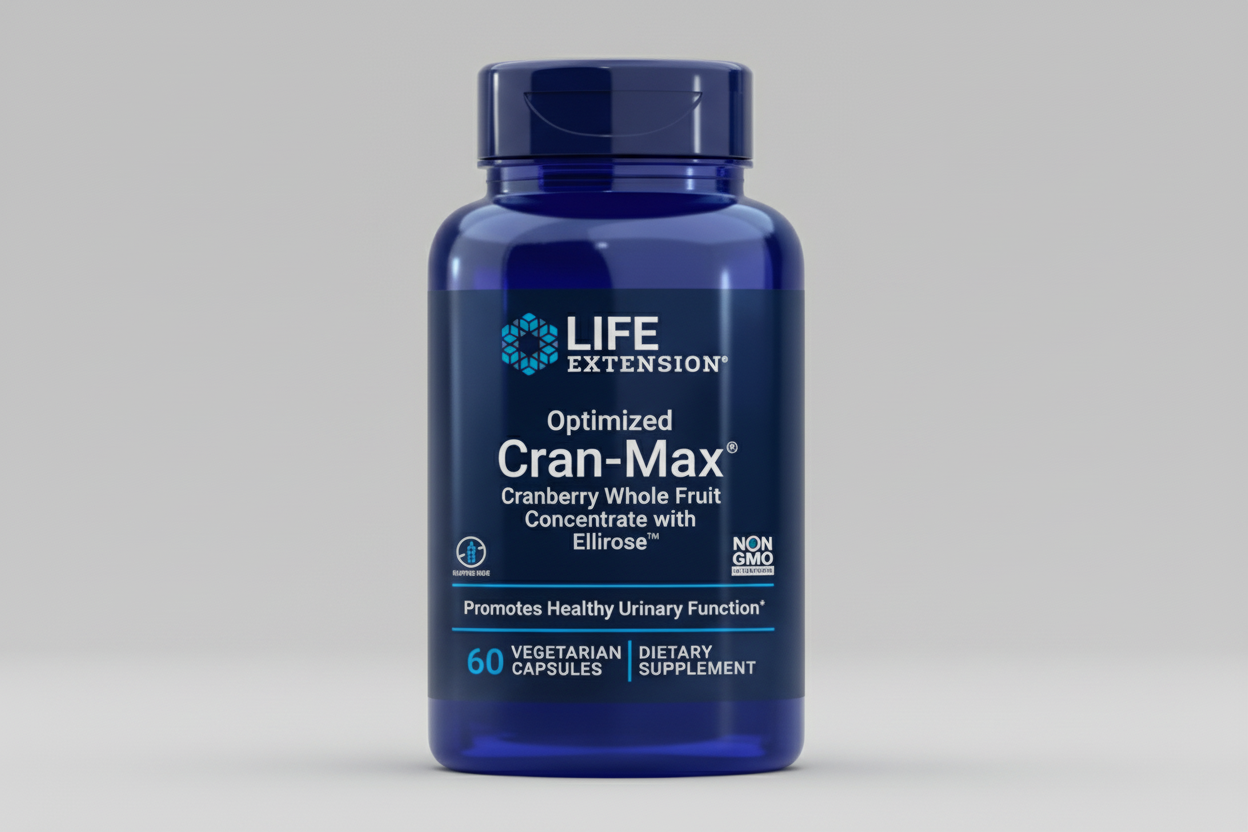 Life Extension Optimized Cran-Max supplement bottle on a white background