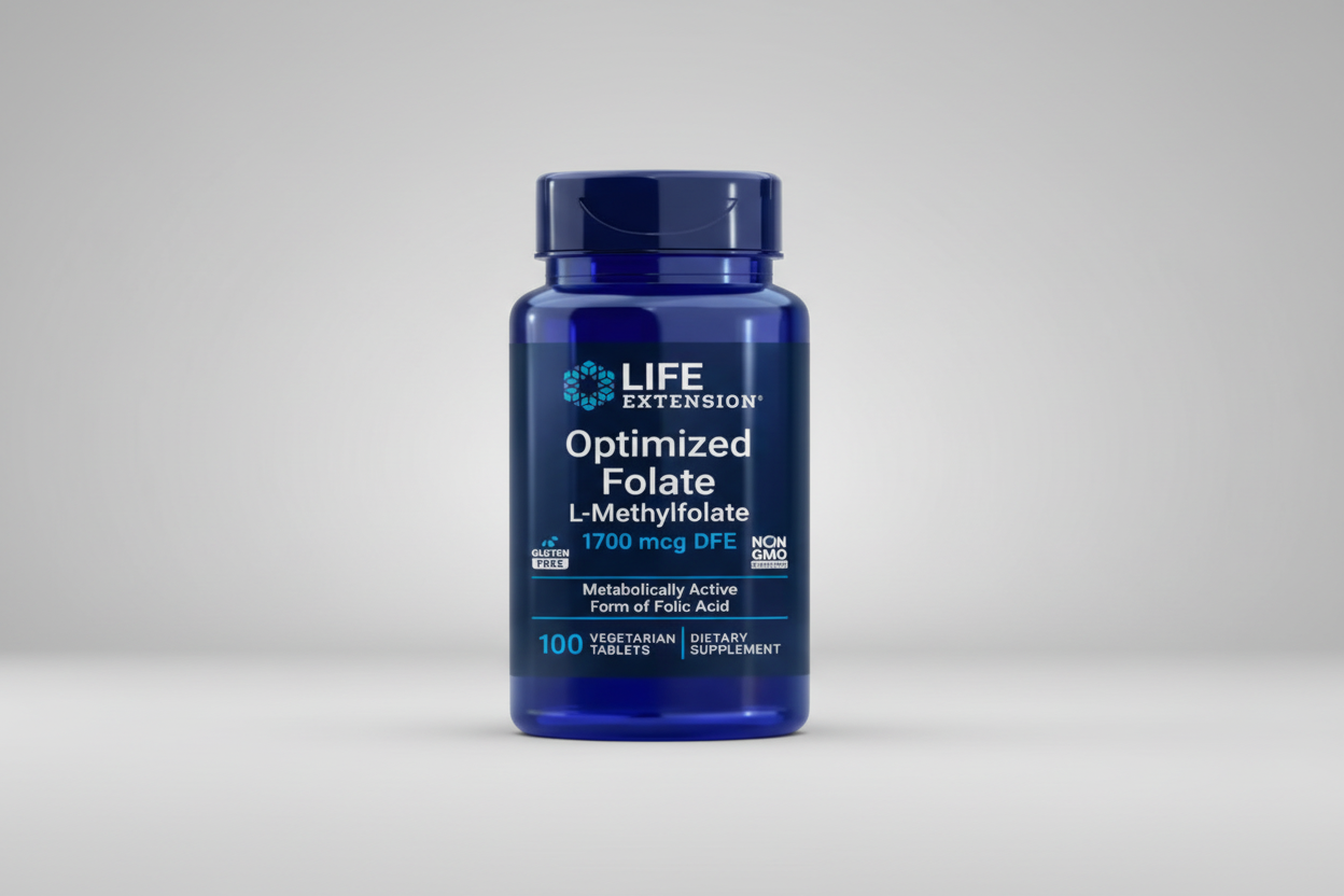 Life Extension Optimized Folate supplement bottle on a black background