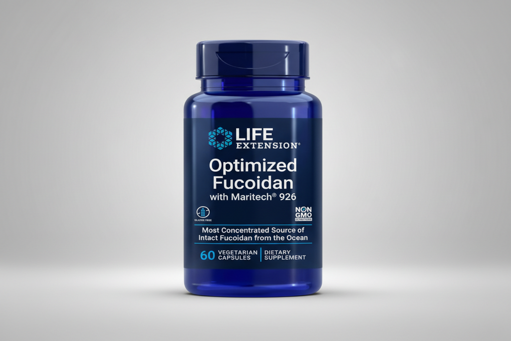 Life Extension Optimized Fucoidan supplement bottle with blue label