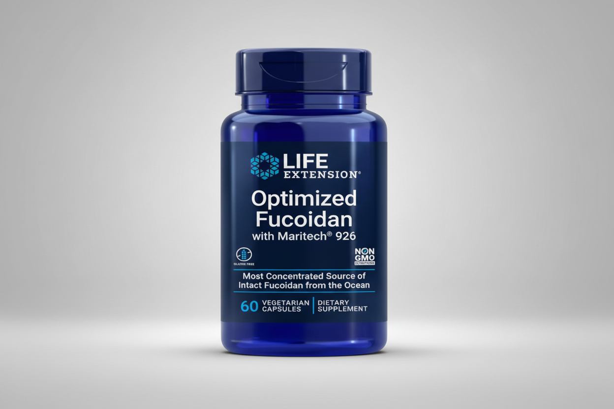 Life Extension Optimized Fucoidan supplement bottle with blue label