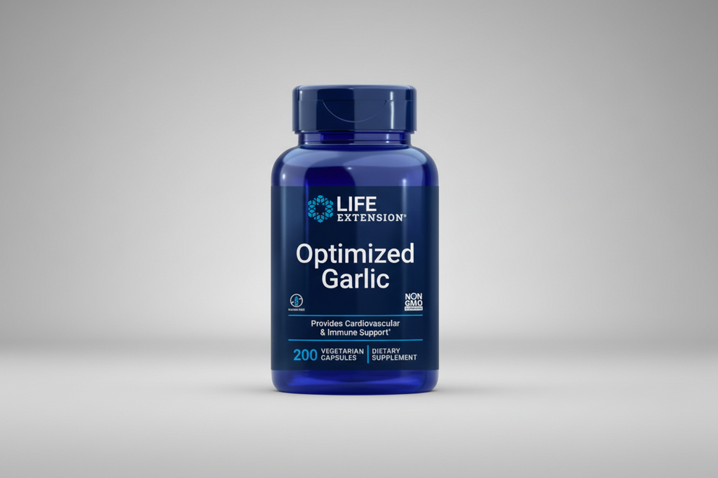 Life Extension Optimized Garlic supplement bottle on a white background