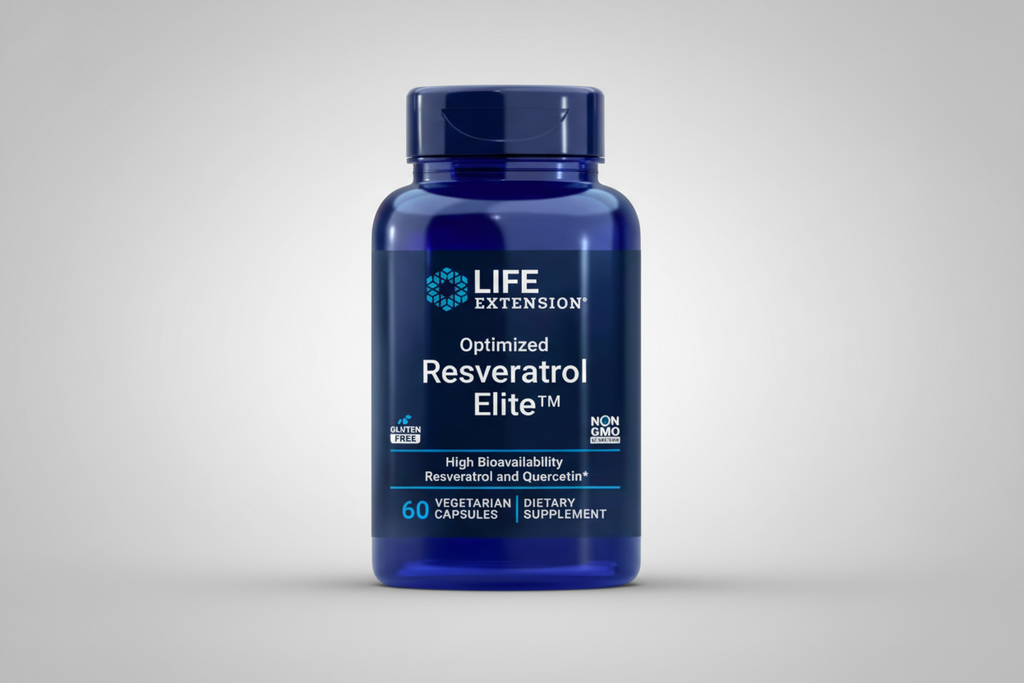 Blue supplement bottle labeled 'Life Extension Optimized Resveratrol Elite' on a white background