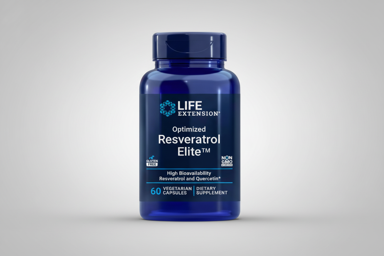 Blue supplement bottle labeled 'Life Extension Optimized Resveratrol Elite' on a white background