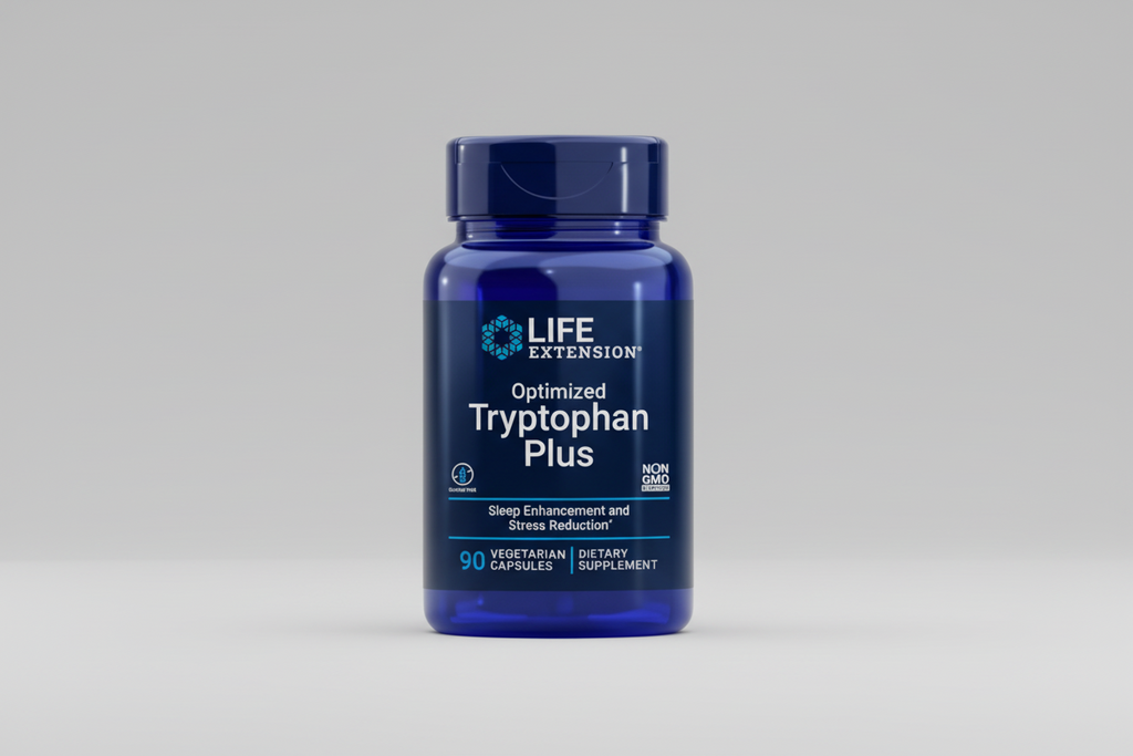 Life Extension Optimized Tryptophan Plus supplement bottle on a white background