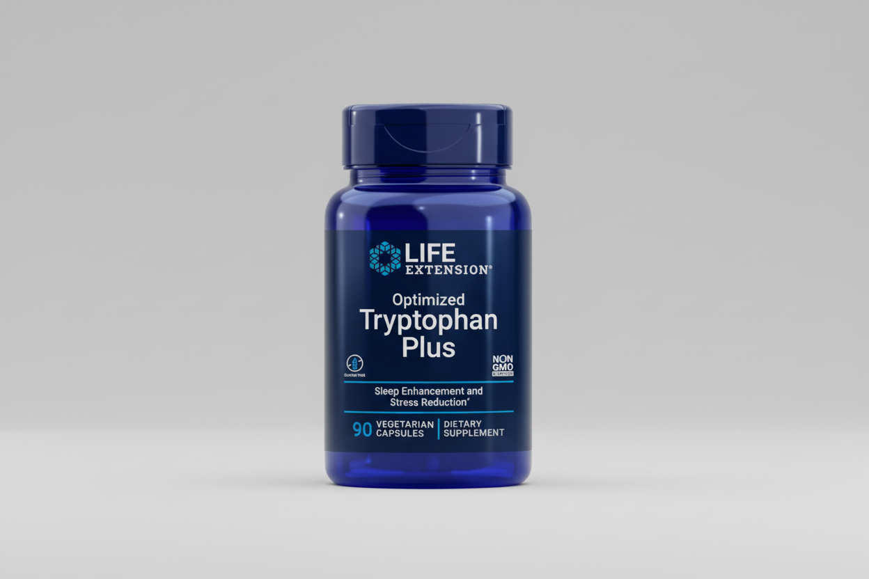 Life Extension Optimized Tryptophan Plus supplement bottle on a white background