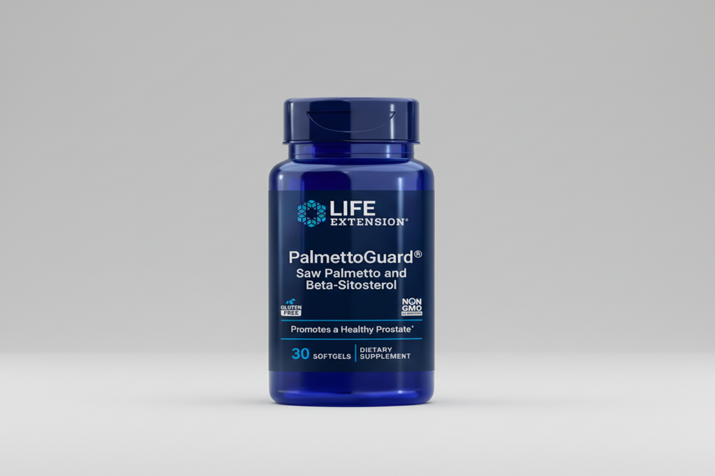 Blue supplement bottle labeled 'PalmettoGuard' by Life Extension on a white background