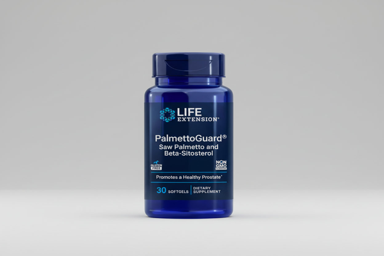 Blue supplement bottle labeled 'PalmettoGuard' by Life Extension on a white background