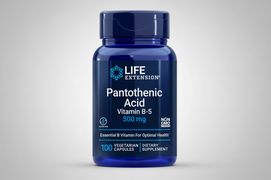 Life Extension Pantothenic Acid Vitamin B-5 supplement bottle on a white background