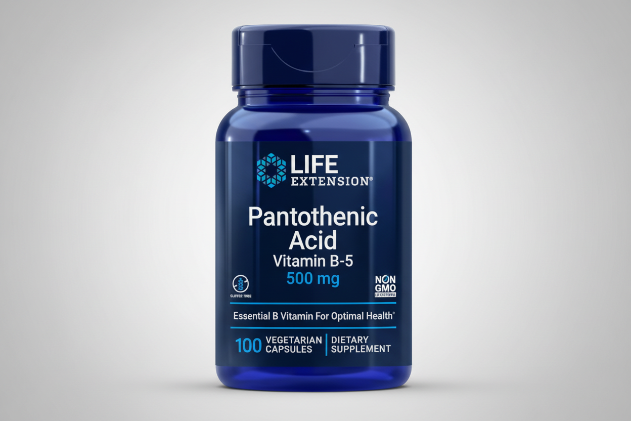 Life Extension Pantothenic Acid Vitamin B-5 supplement bottle on a white background