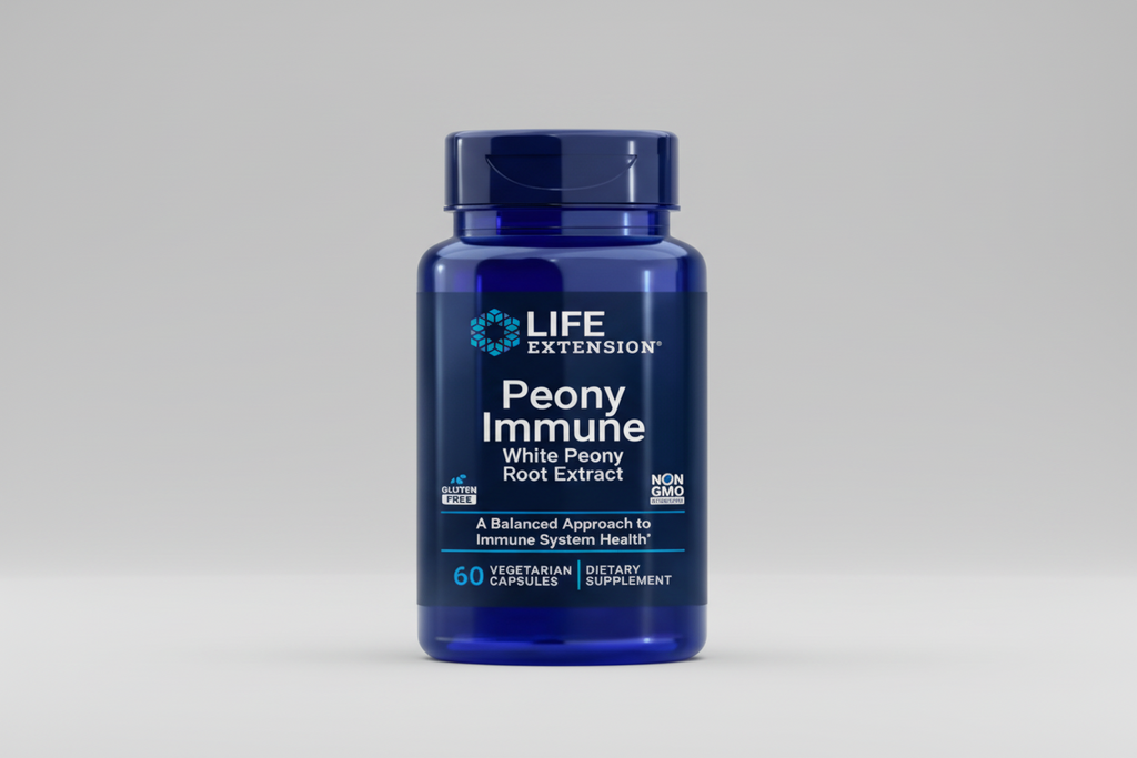 Life Extension Peony Immune supplement bottle on a black background
