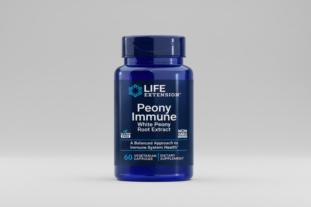Life Extension Peony Immune supplement bottle on a black background