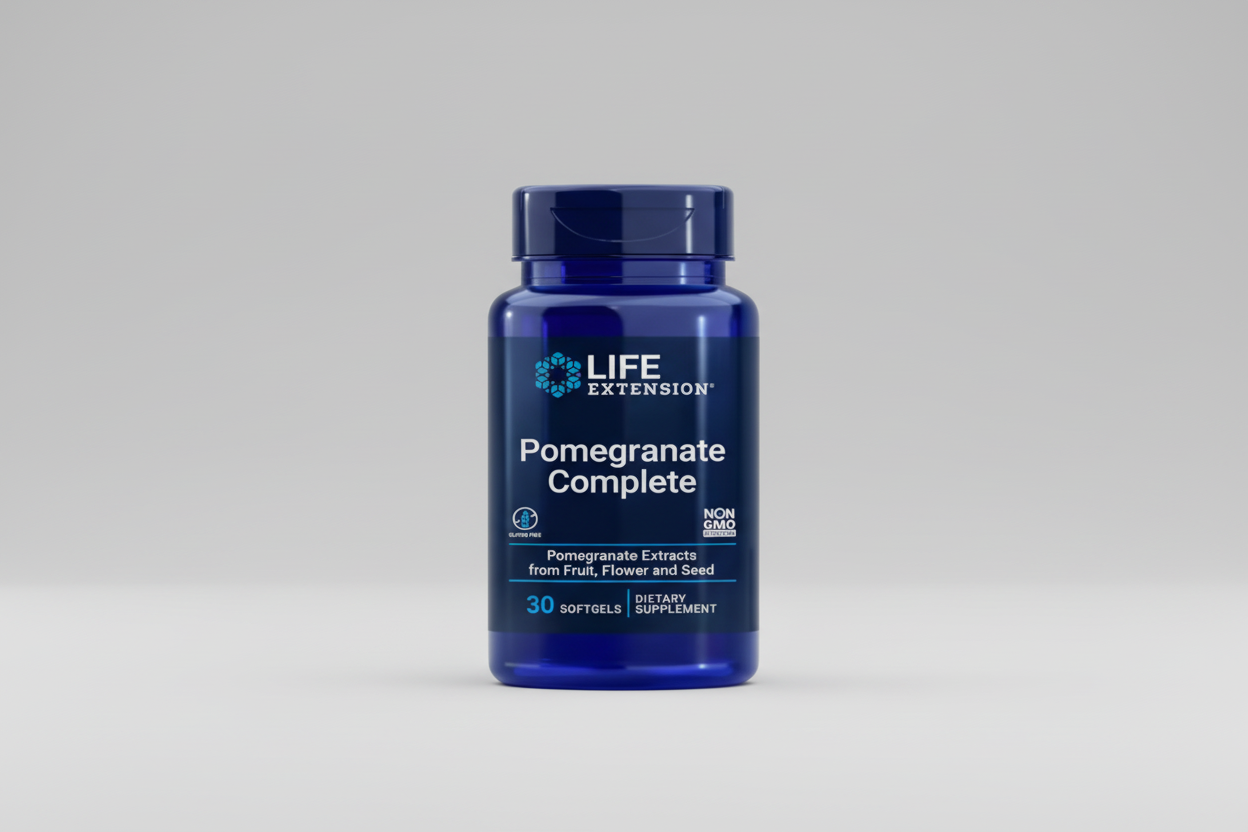 Life Extension Pomegranate Complete supplement bottle on a white background