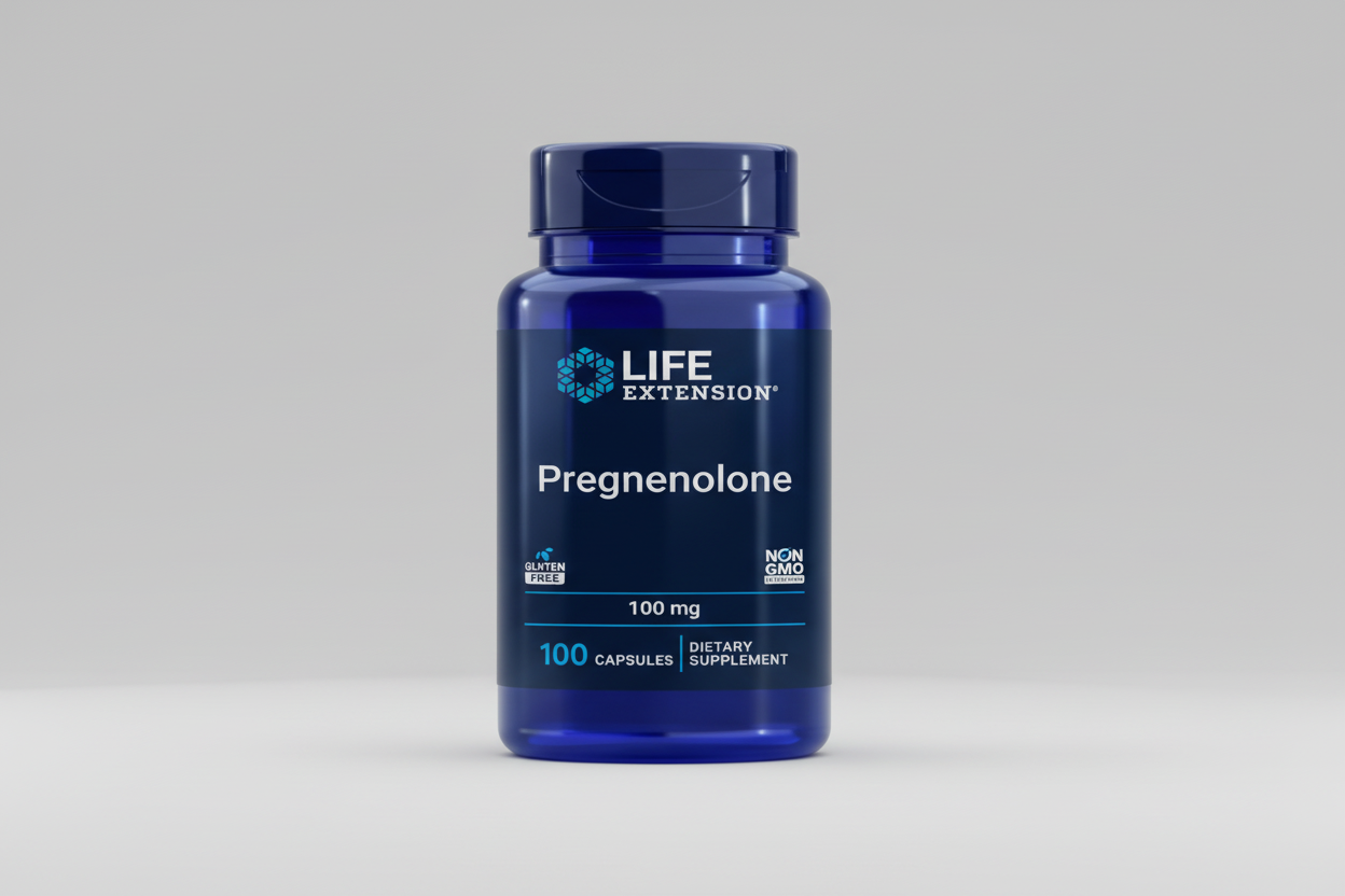 Life Extension pregnenolone supplement bottle on a white background