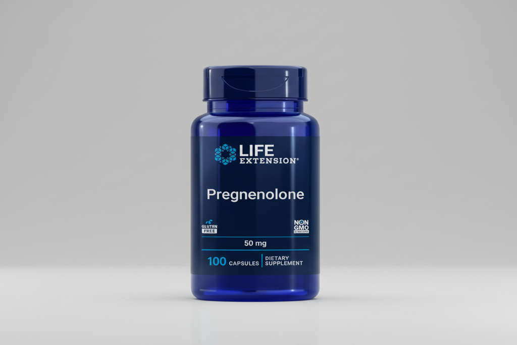Life Extension pregnenolone supplement bottle on a white background
