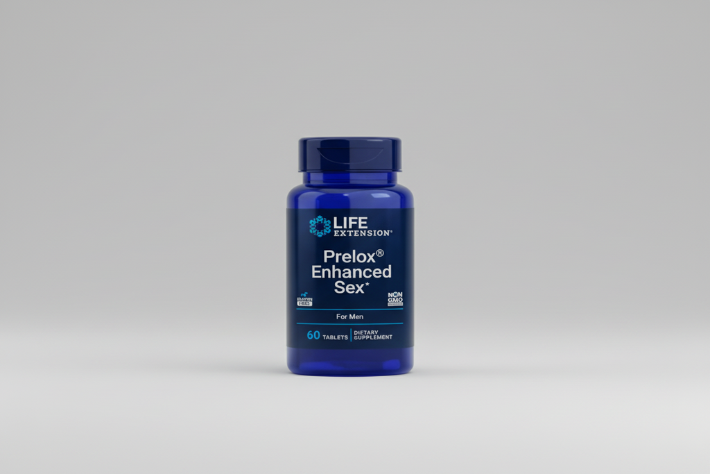 Life Extension Prelox Enhanced Sex dietary supplement bottle on a white background