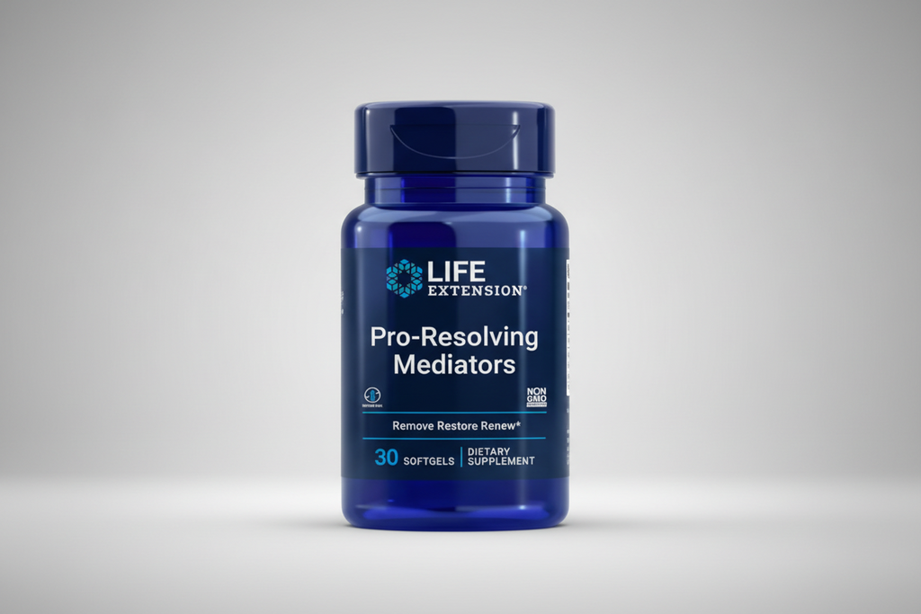 Blue supplement bottle labeled 'Life Extension Pro-Resolving Mediators' on a blue background