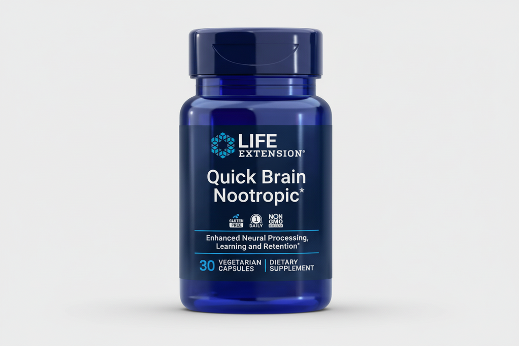 Blue supplement bottle labeled 'Quick Brain Nootropic' by Life Extension on a white background