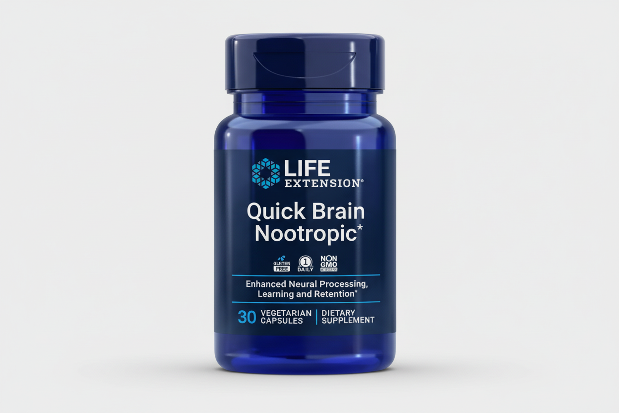 Blue supplement bottle labeled 'Quick Brain Nootropic' by Life Extension on a white background