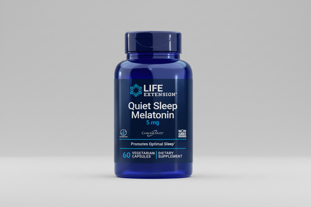 Life Extension Quiet Sleep Melatonin supplement bottle on a white background