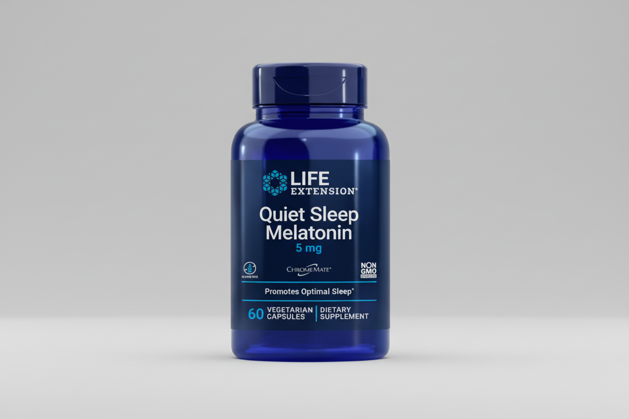 Life Extension Quiet Sleep Melatonin supplement bottle on a white background