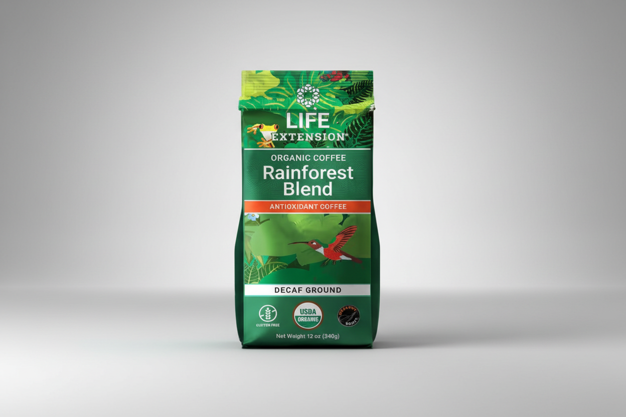 Life Extension Rainforest Blend Organic Coffee package with green and red design