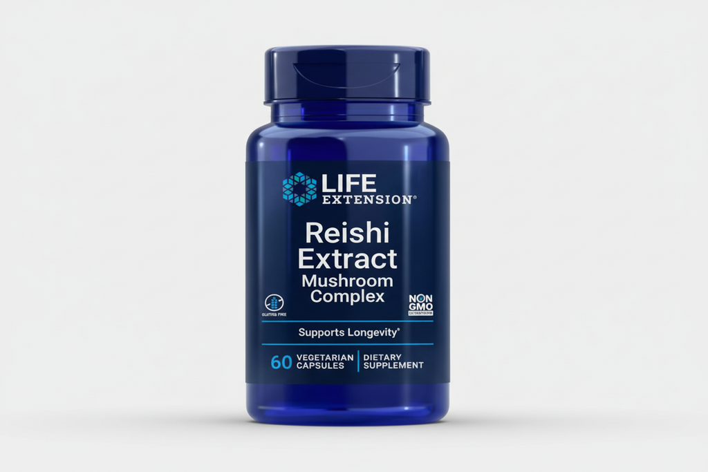 Life Extension Reishi Extract Mushroom Complex supplement bottle on a white background