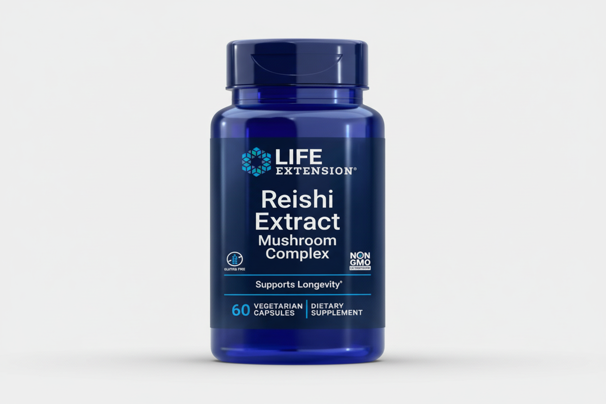 Life Extension Reishi Extract Mushroom Complex supplement bottle on a white background