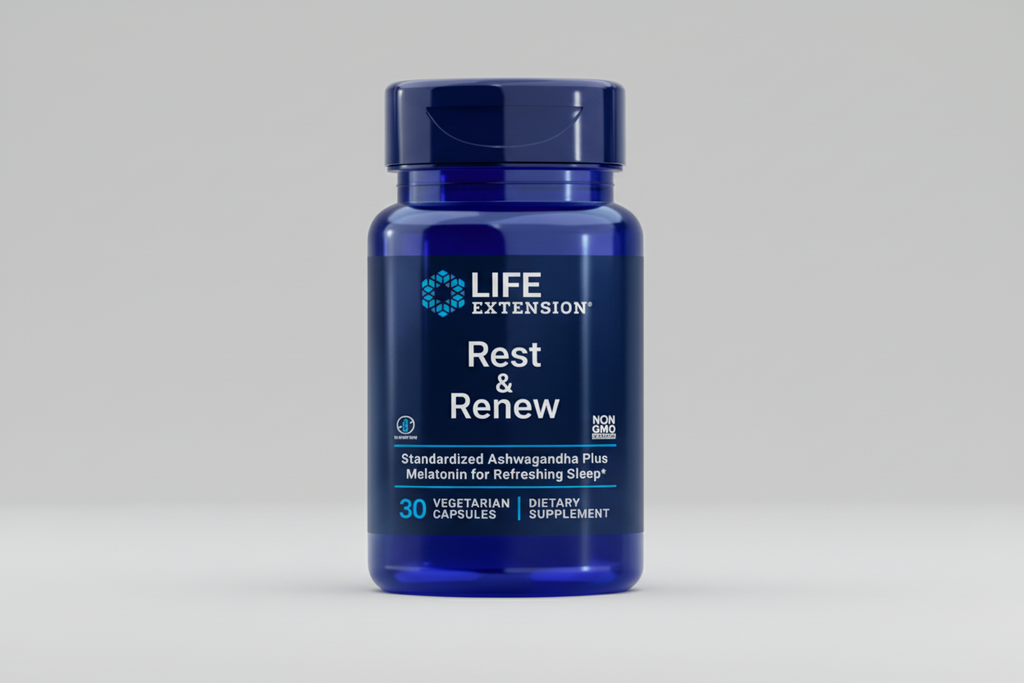 Life Extension Rest & Renew supplement bottle on a white background