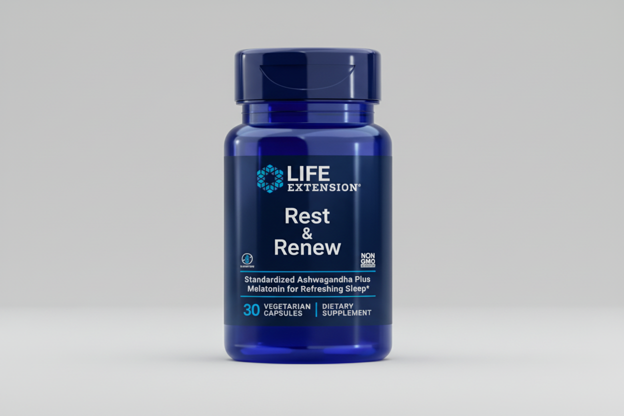 Life Extension Rest & Renew supplement bottle on a white background