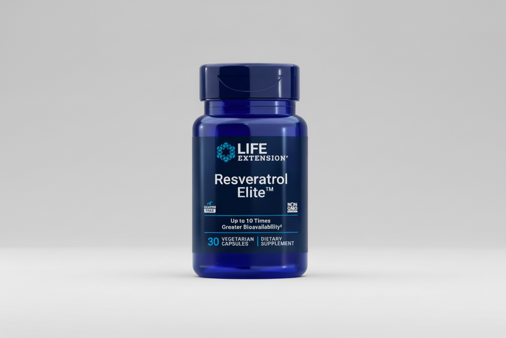Life Extension Resveratrol Elite supplement bottle on a black background