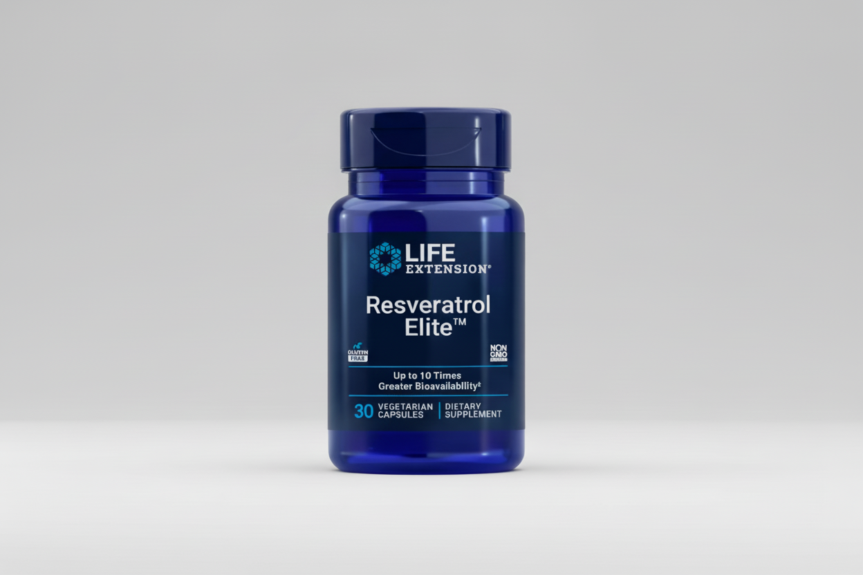 Life Extension Resveratrol Elite supplement bottle on a black background
