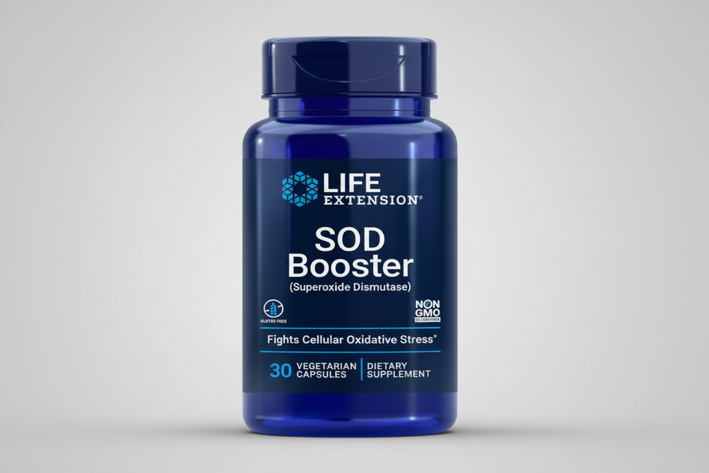 Life Extension SOD Booster supplement bottle on a white background
