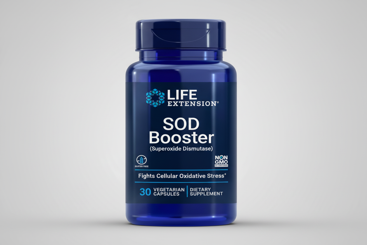 Life Extension SOD Booster supplement bottle on a white background