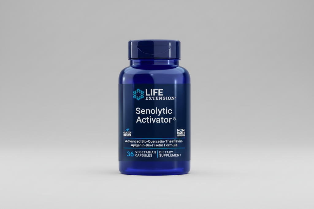 Life Extension Senolytic Activator dietary supplement bottle on a white background