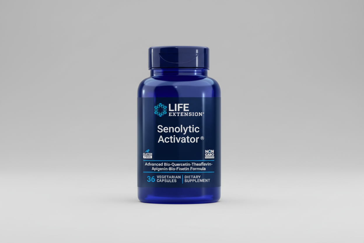 Life Extension Senolytic Activator dietary supplement bottle on a white background