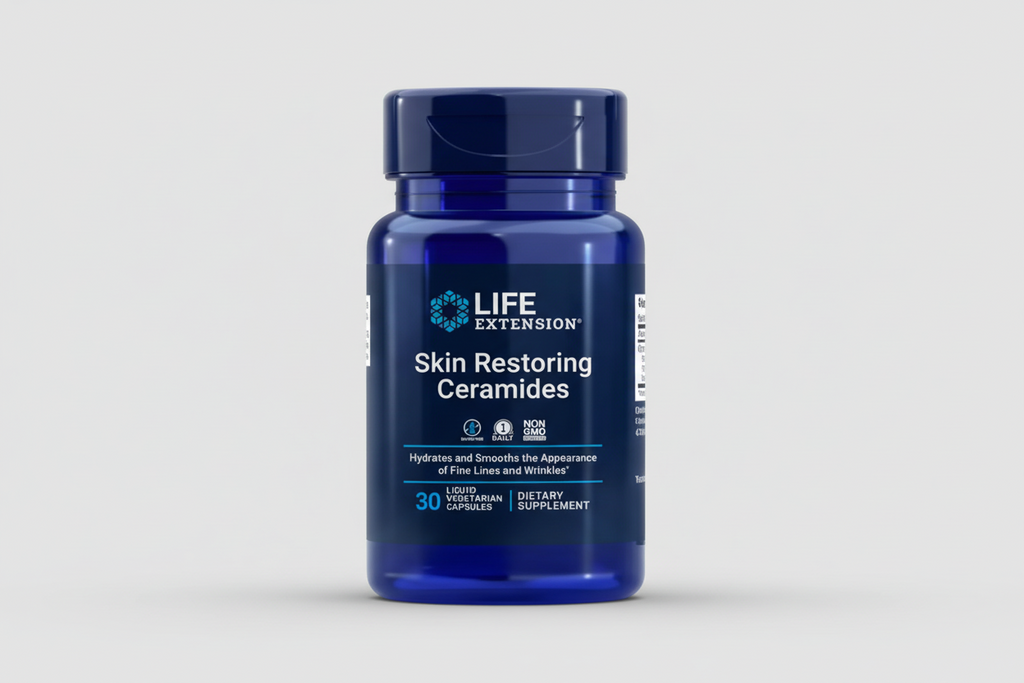 Life Extension Skin Restoring Ceramides supplement bottle on a white background