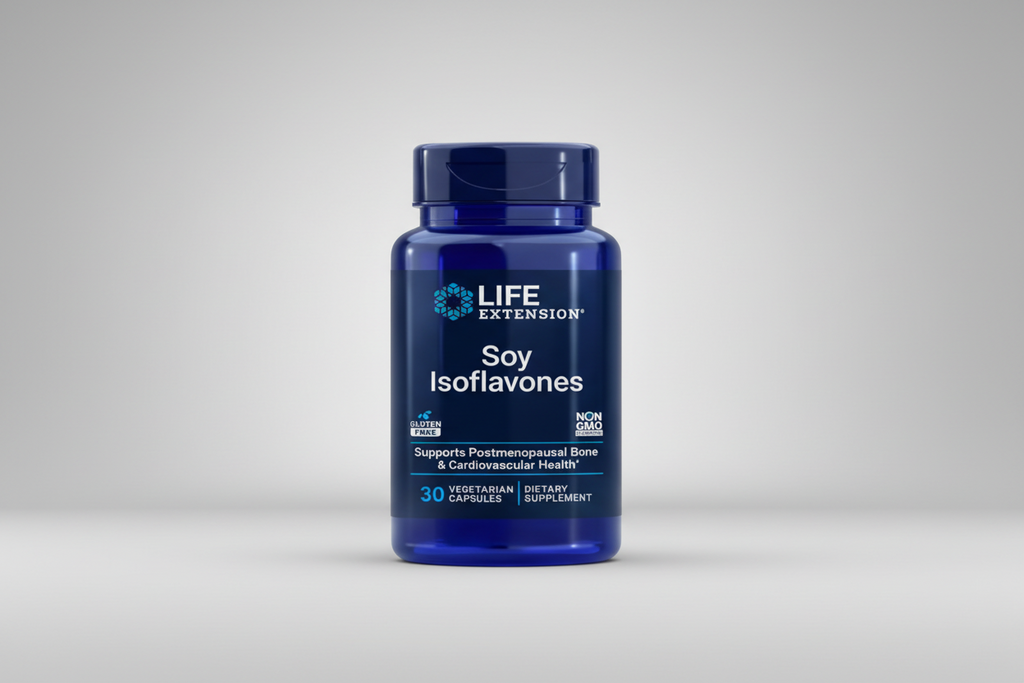 Life Extension Soy Isoflavones supplement bottle on a white background