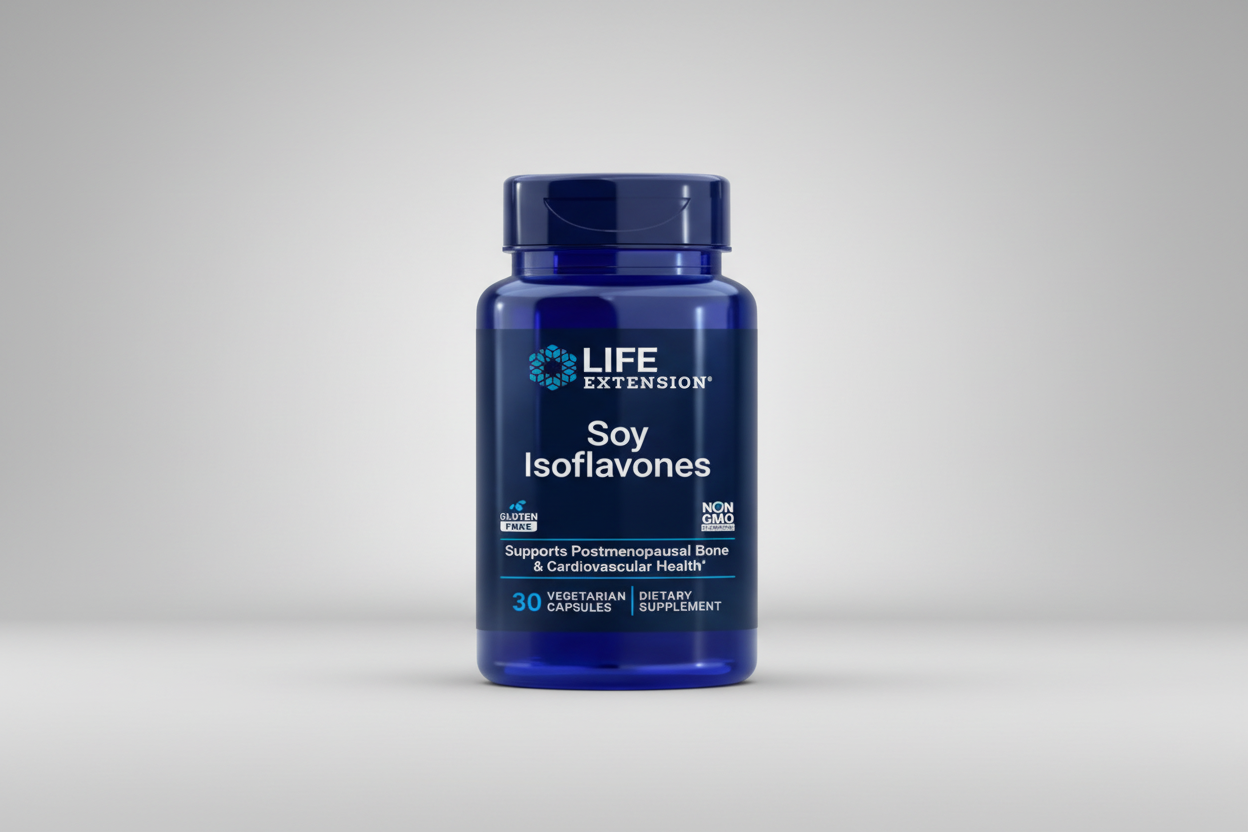 Life Extension Soy Isoflavones supplement bottle on a white background