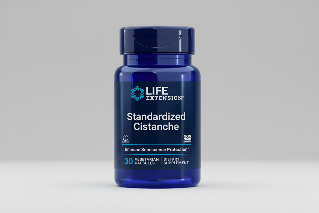 Life Extension standardized cistanche supplement bottle on a white background