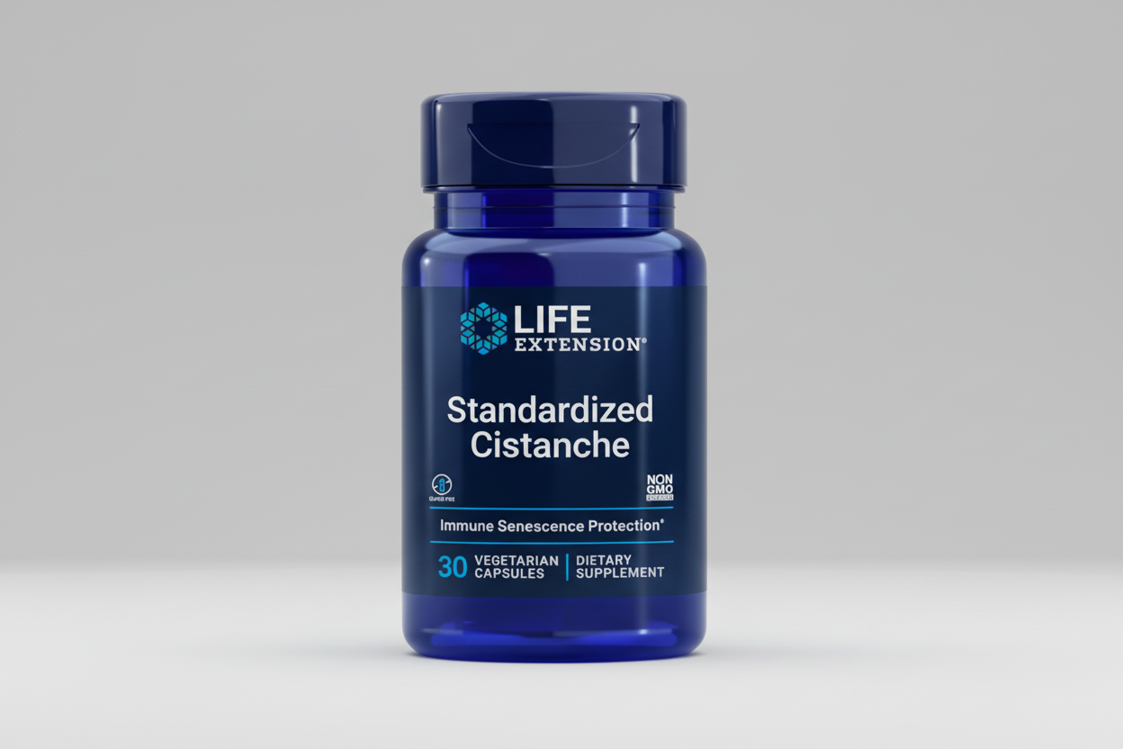Life Extension standardized cistanche supplement bottle on a white background