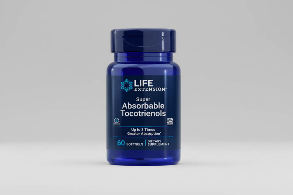 Life Extension Super Absorbable Tocotrienols supplement bottle on a white background