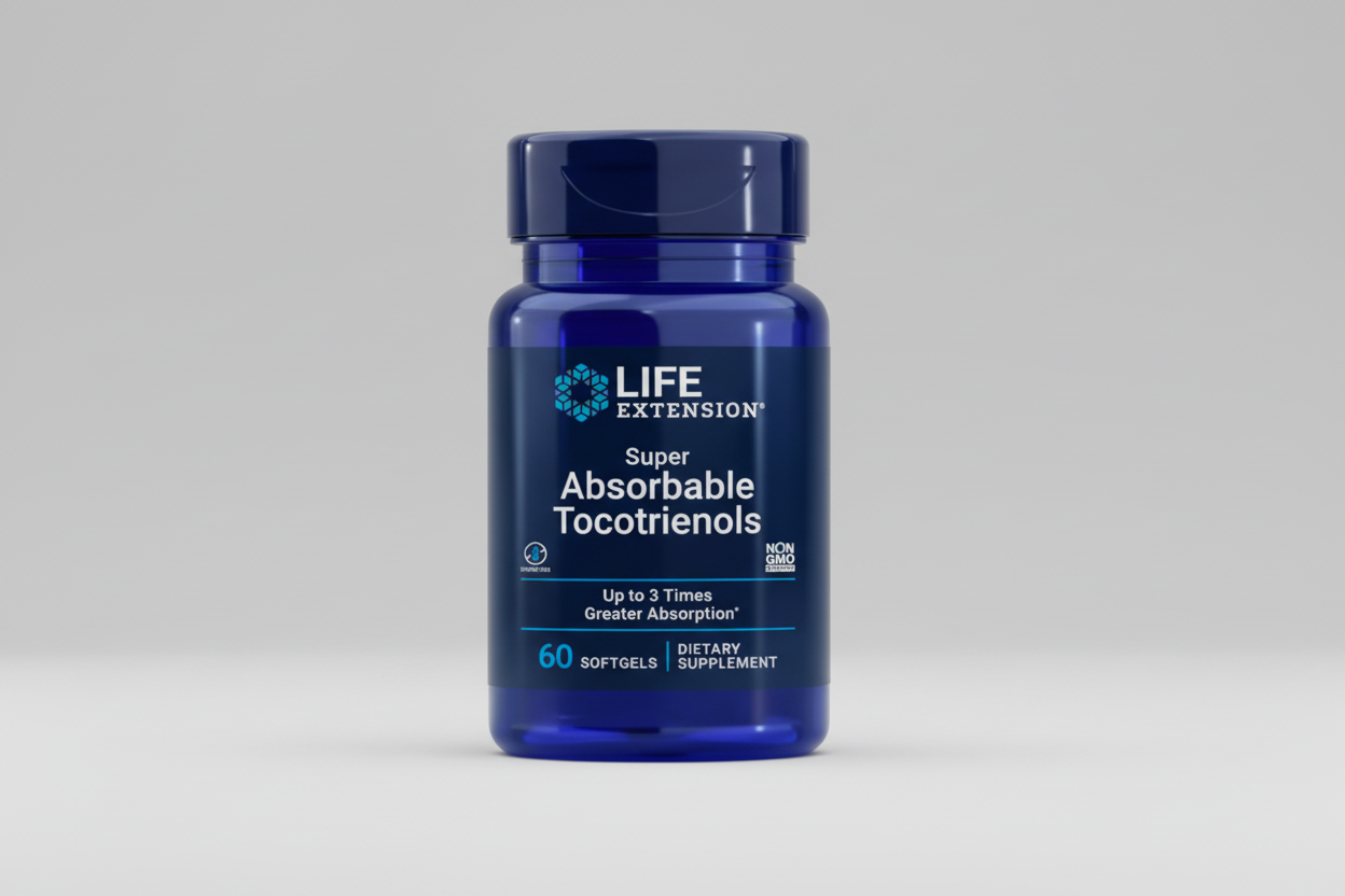 Life Extension Super Absorbable Tocotrienols supplement bottle on a white background