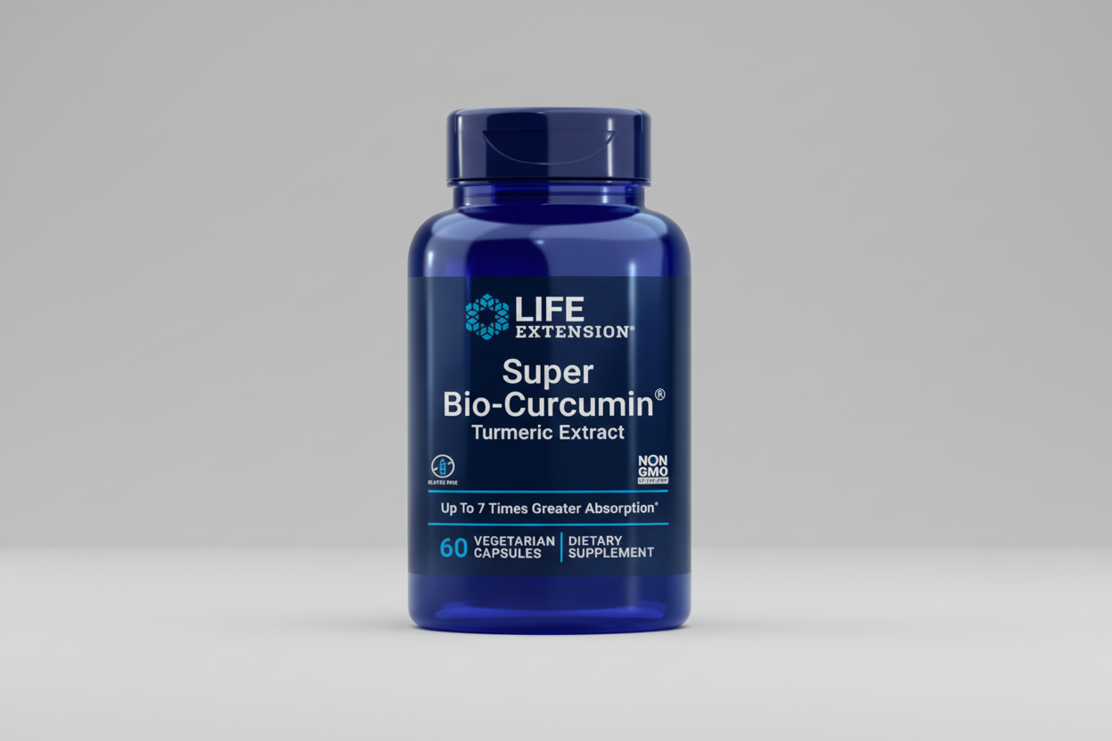 Life Extension Super Bio-Curcumin Turmeric Extract supplement bottle on a white background