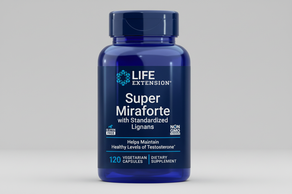 Blue supplement bottle labeled 'Super Miraforte' by Life Extension on a white background