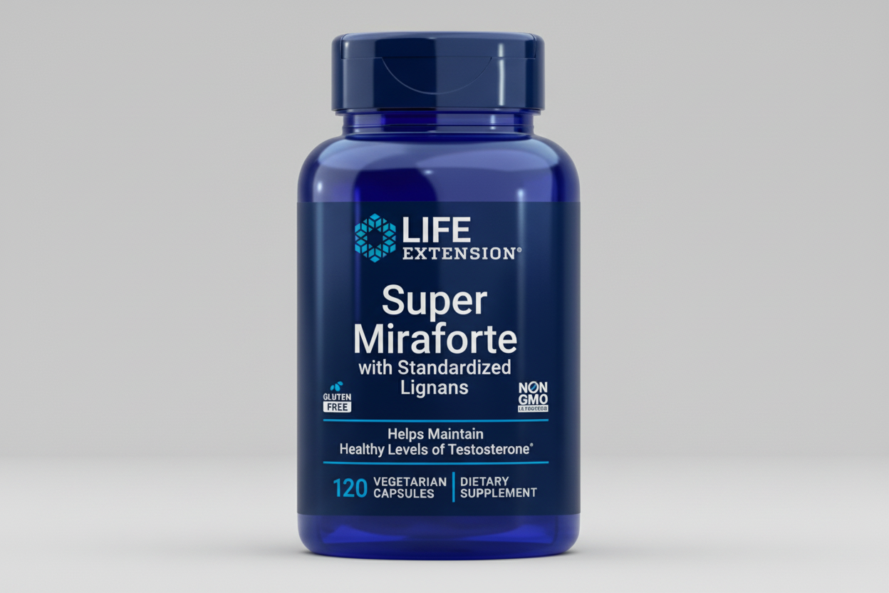 Blue supplement bottle labeled 'Super Miraforte' by Life Extension on a white background