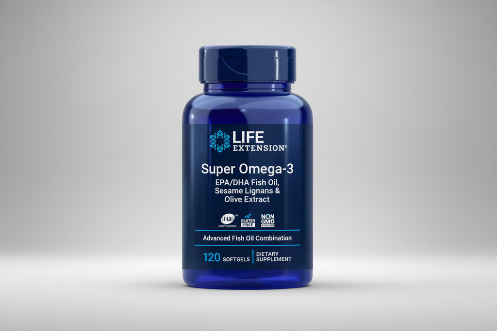 Life Extension Super Omega-3 dietary supplement bottle on a white background