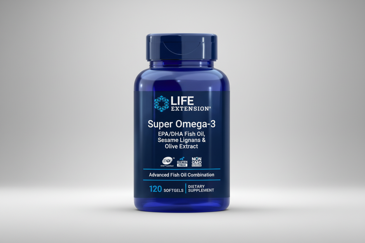 Life Extension Super Omega-3 dietary supplement bottle on a white background