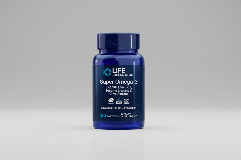Life Extension Super Omega-3 dietary supplement bottle on a white background