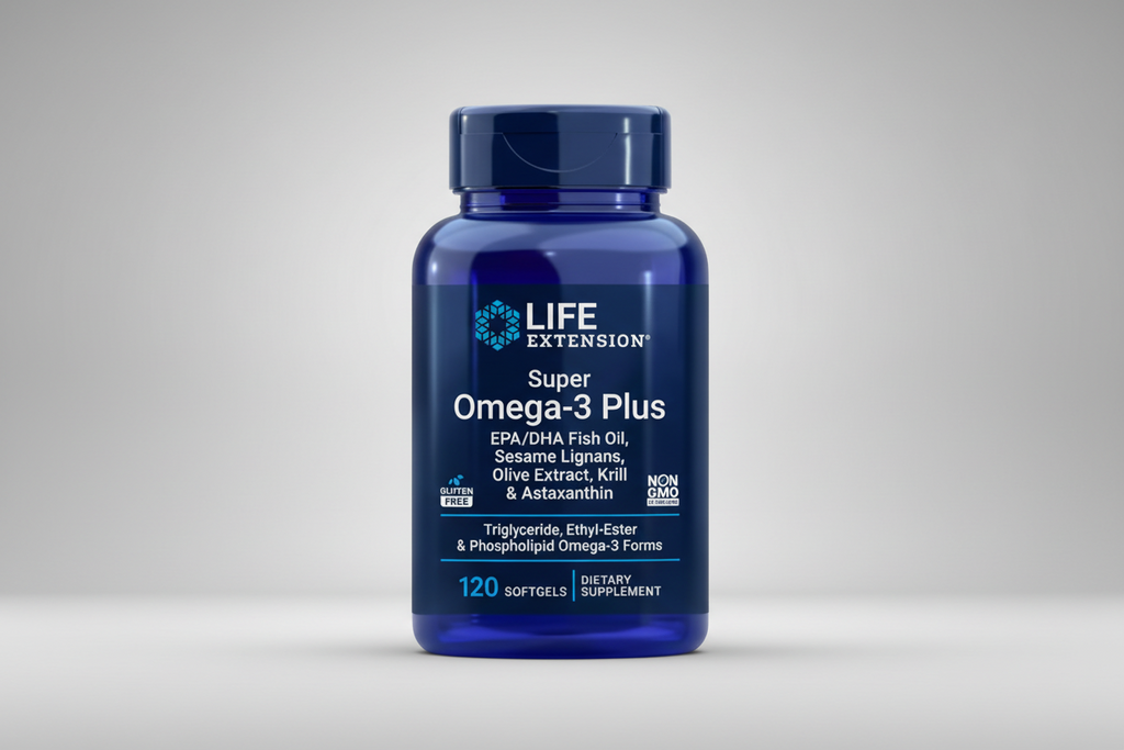 Blue bottle of Life Extension Super Omega-3 Plus dietary supplement on a white background